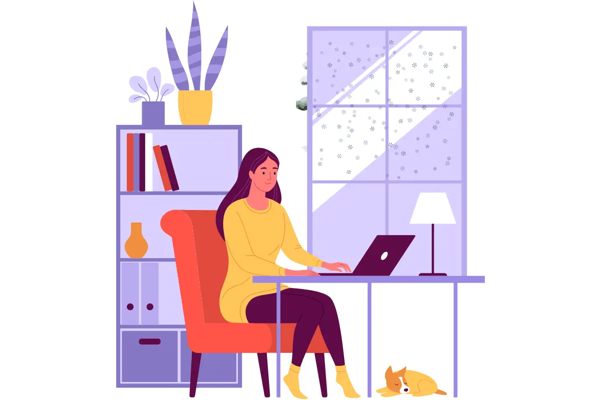 Illustration of a woman working remotely on her laptop at home beside a window with snow outside, a cozy chair, and a sleeping dog.