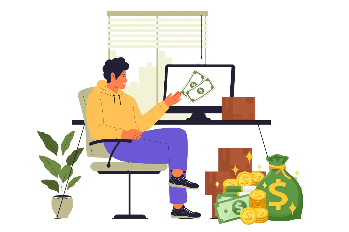 Man earning money online while working on a computer at home, surrounded by cash, coins, and packages.