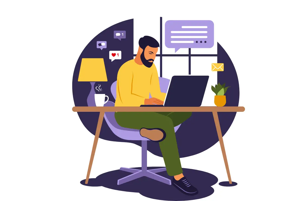 Man working remotely on a laptop at home with chat messages, notifications, and emails on screen.